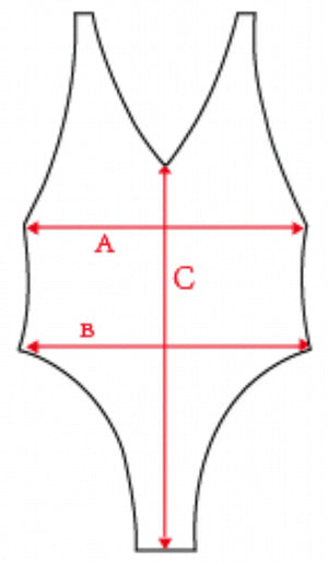 Diagram of a swimsuit with labeled dimensions on a white background
