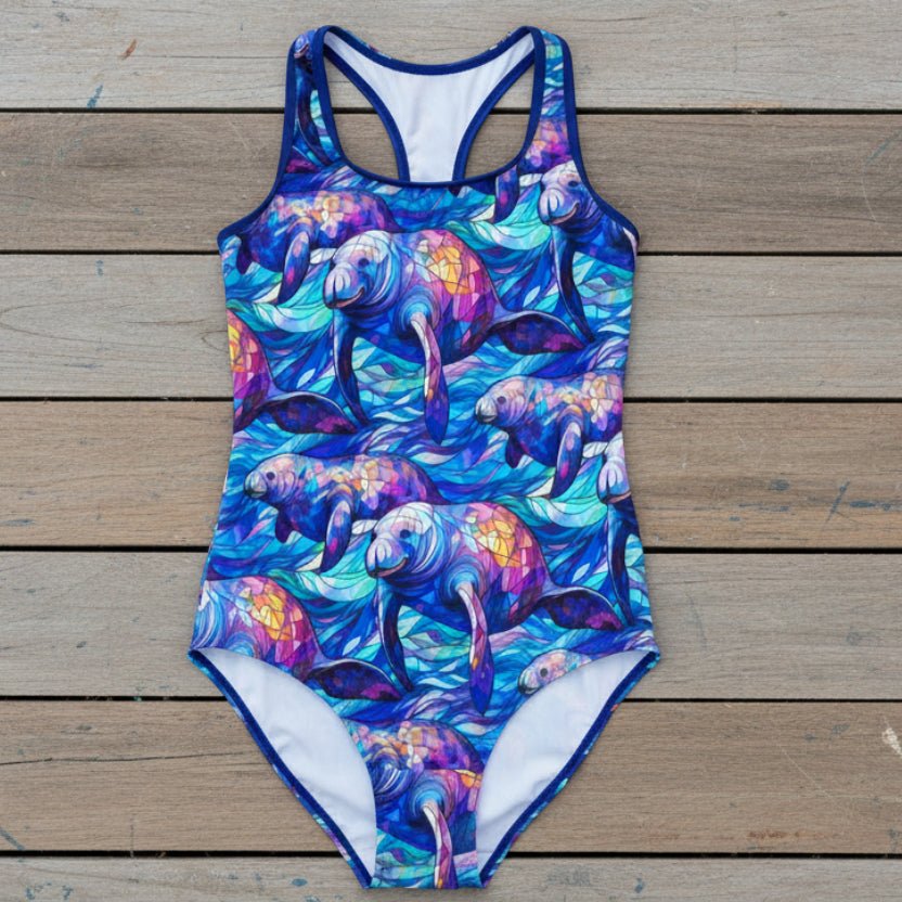 Colorful swimsuit with manatee design on a rustic nautical wood background
