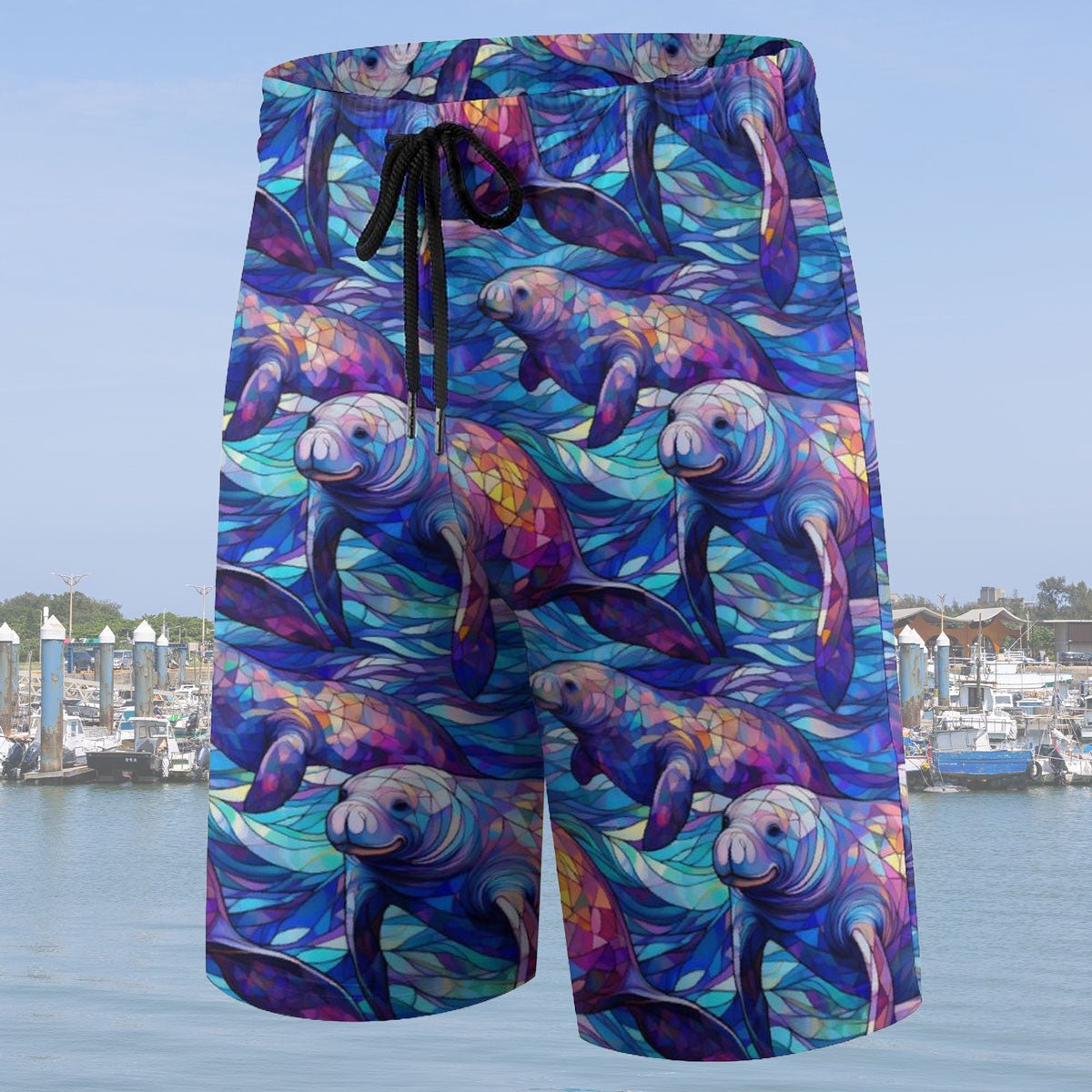 Colorful manatee-patterned shorts with a marina background