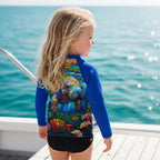 A young girl with blonde hair stands on a boat deck with the ocean in the background, wearing a long-sleeve swim rash guard with a colorful Manatee and floral graphic on the back and solid blue sleeves, paired with black swim trunks.