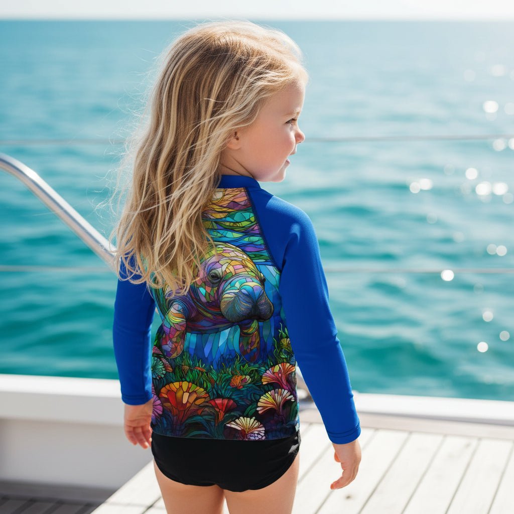 A young girl with blonde hair stands on a boat deck with the ocean in the background, wearing a long-sleeve swim rash guard with a colorful Manatee and floral graphic on the back and solid blue sleeves, paired with black swim trunks.