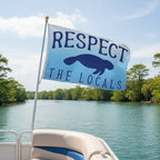 Blue banner with 'RESPECT THE LOCALS' text and a silhouette of a manatee on the back of a Pontoon boat