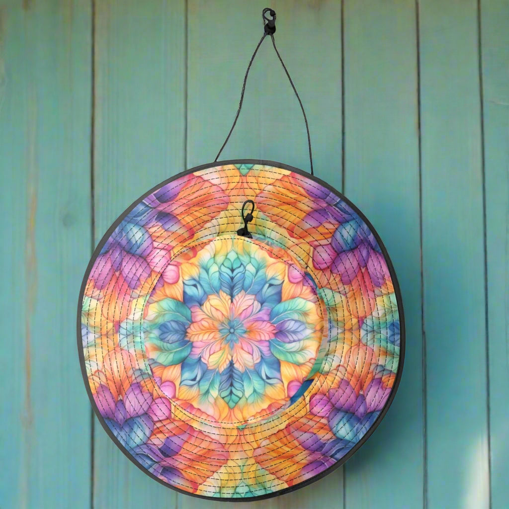 Colorful tie-dye patterned hat with a string on a white background