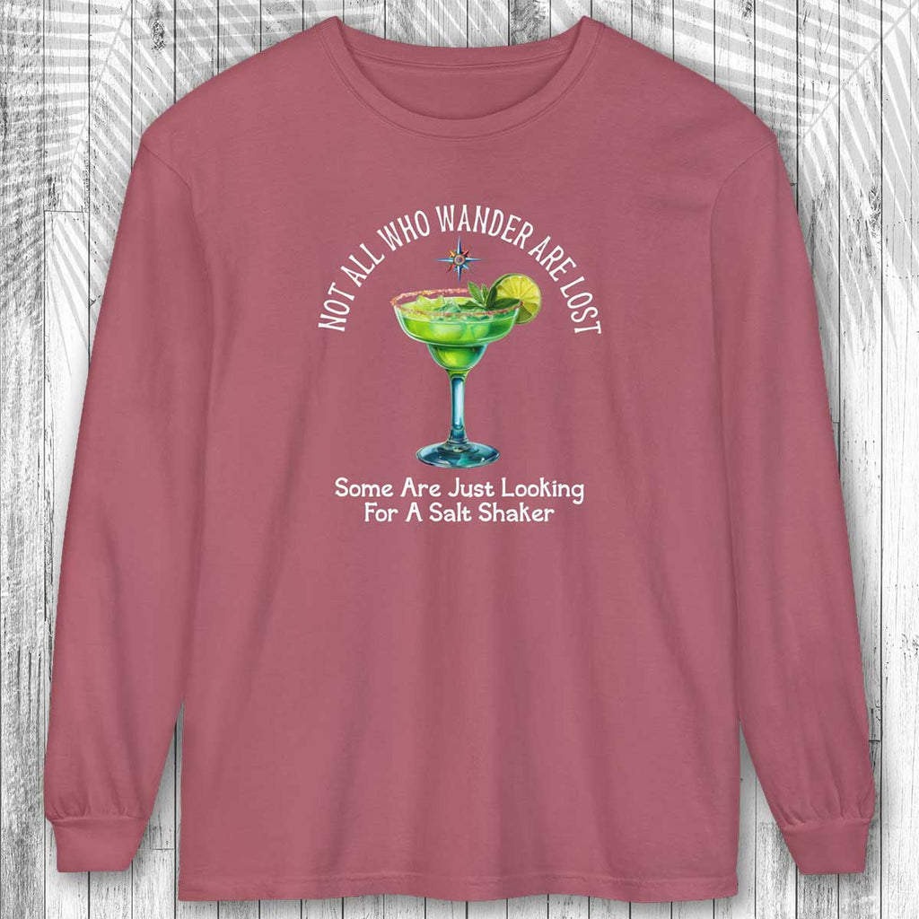 Maroon long-sleeve shirt with a graphic of a margarita and text on a wooden surface