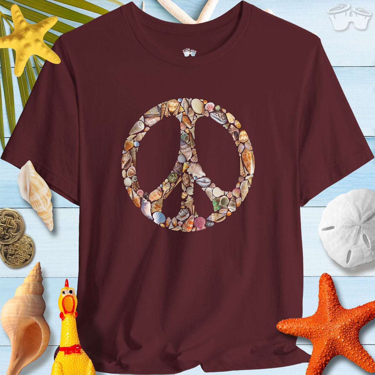 Shelling Tee with a peace sign made of seashells, perfect for beach lovers and casual summer outings.