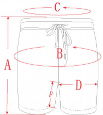 Measurement chart for shorts with labeled dimensions on a white background