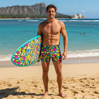 Dude wearing multi-colored geometric patterned swim shorts holding a matching surfboard in Waikiki