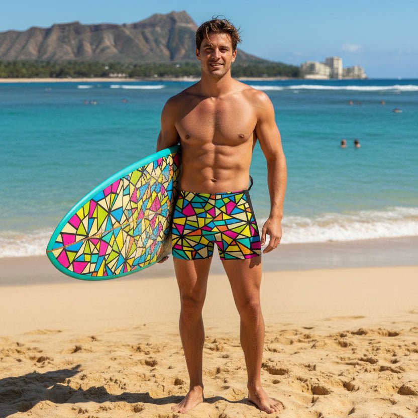 Dude wearing multi-colored geometric patterned swim shorts holding a matching surfboard in Waikiki