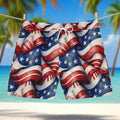 Men's patriotic beach swimmers hanging on a line in a tropical island paradise