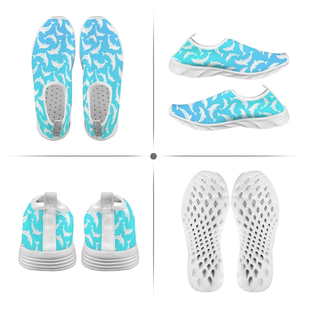 A four-panel product collage showing a pair of slip-on water shoes from multiple angles: top view, side views, and sole views. The shoes have a bright aqua and white shark pattern on the uppers with white perforated soles.