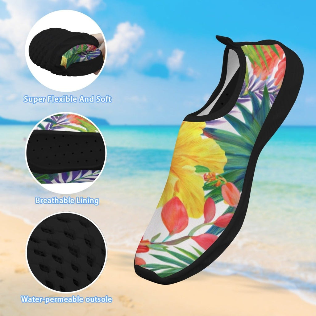 A single water shoe with a tropical floral print on a white background, black sole and trim, shown over a beach backdrop with three circular inset detail callouts and text describing flexibility, breathable lining, and water-permeable outsole.