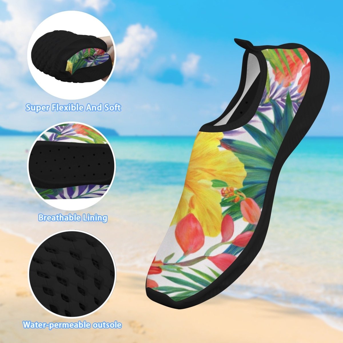 A single water shoe with a tropical floral print on a white background, black sole and trim, shown over a beach backdrop with three circular inset detail callouts and text describing flexibility, breathable lining, and water-permeable outsole.