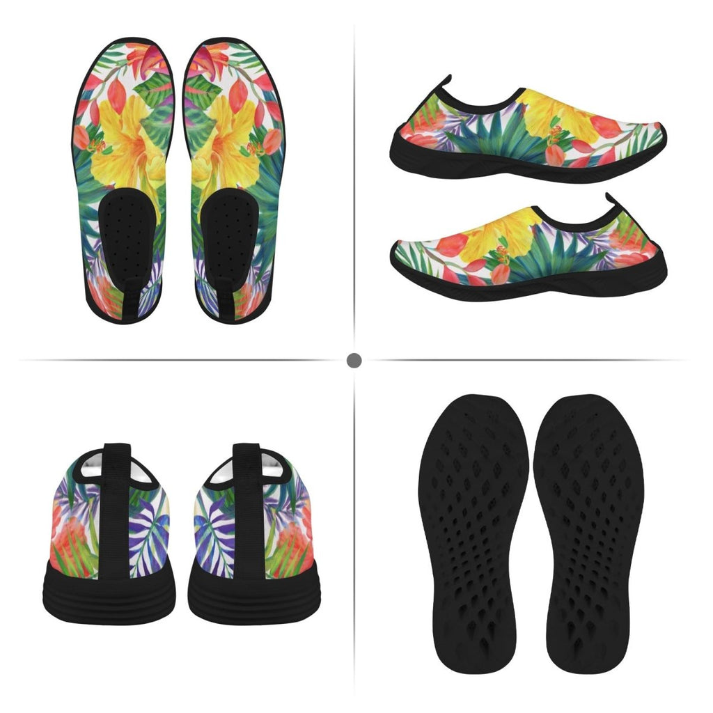 A four-panel product collage showing a pair of slip-on water shoes from multiple angles: top view, side view, back view, and outsole view. The shoes have a bright tropical floral and leaf print with yellow, red, green, blue, and purple tones, plus black soles and black footbeds.