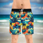 Guy standing on the beach wearing cool board shorts by bongo beachwear