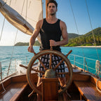 Dude wearing pirate skulls pattern shorts and a black tank top at the helm of a vintage sailboat off the coast of a Caribbean Island 