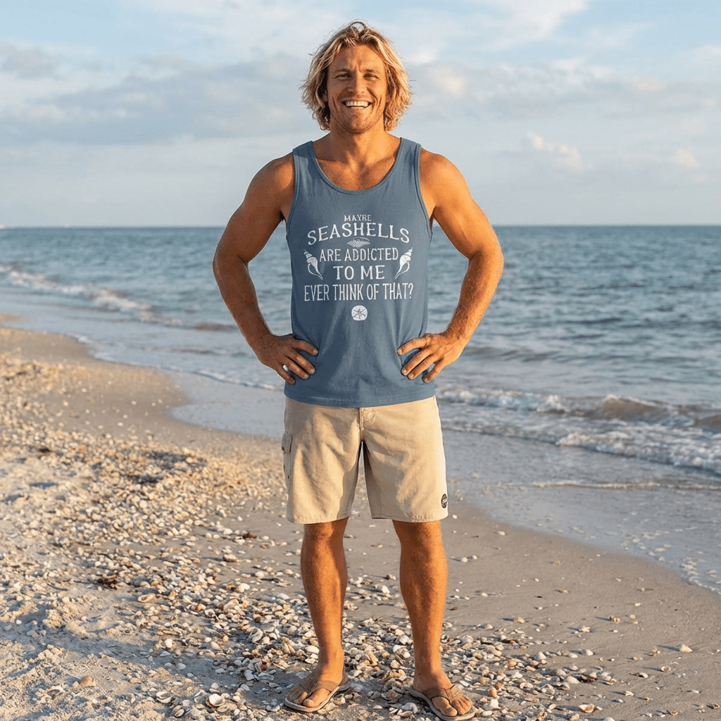 Man standing on a beach wearing a tank top with text and shorts.