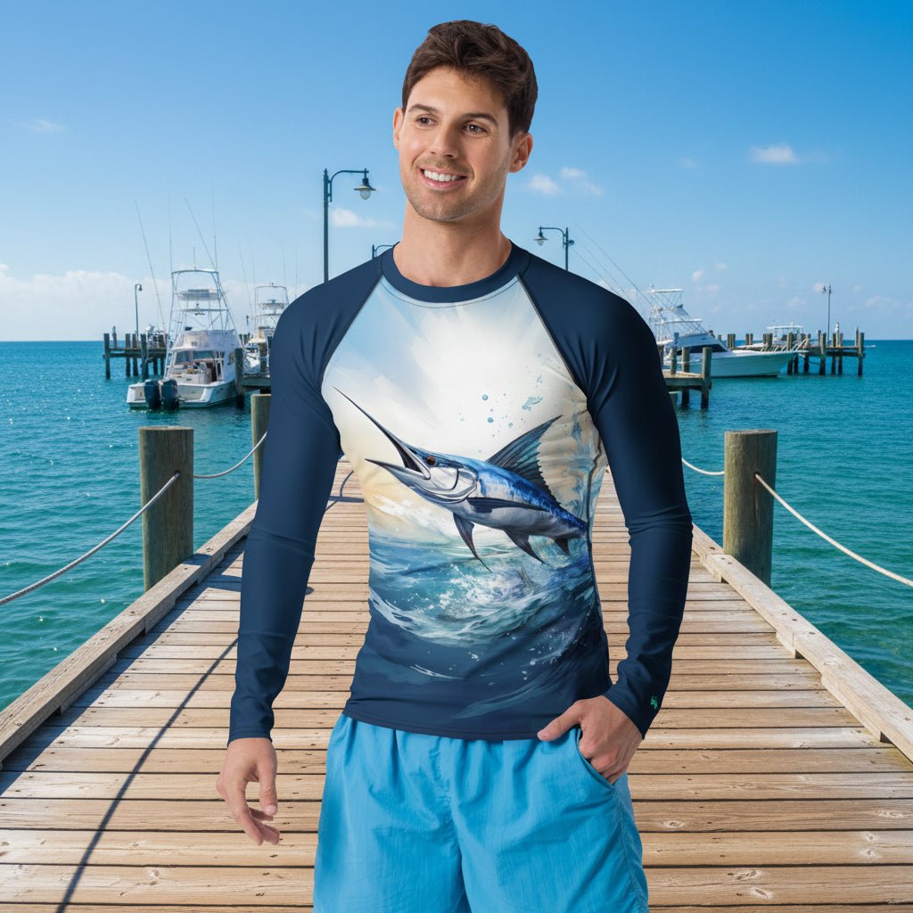 Man wearing a long-sleeve sun rashie with a marlin design on a Destin Pier