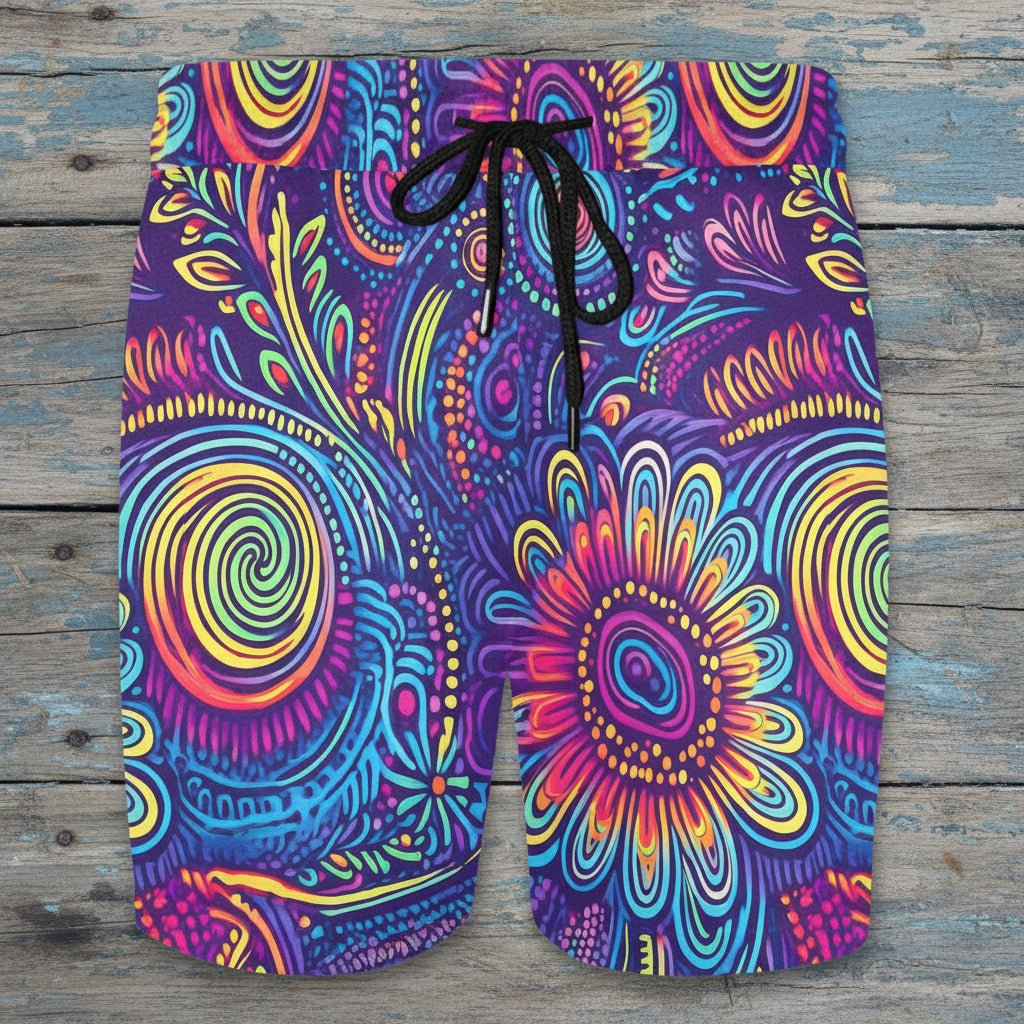 Colorful patterned shorts with a drawstring on a rustic nautical wood background
