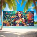 Beautiful stained glass style Mermaid printed on large beach towel hanging on a line at the surf camp