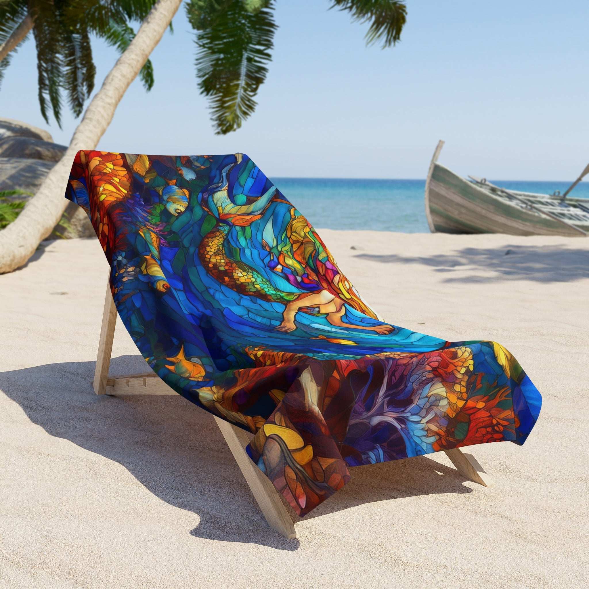 Beautiful mermaid beach towel laying across a beach chair near a palm tree and a fishing boat.