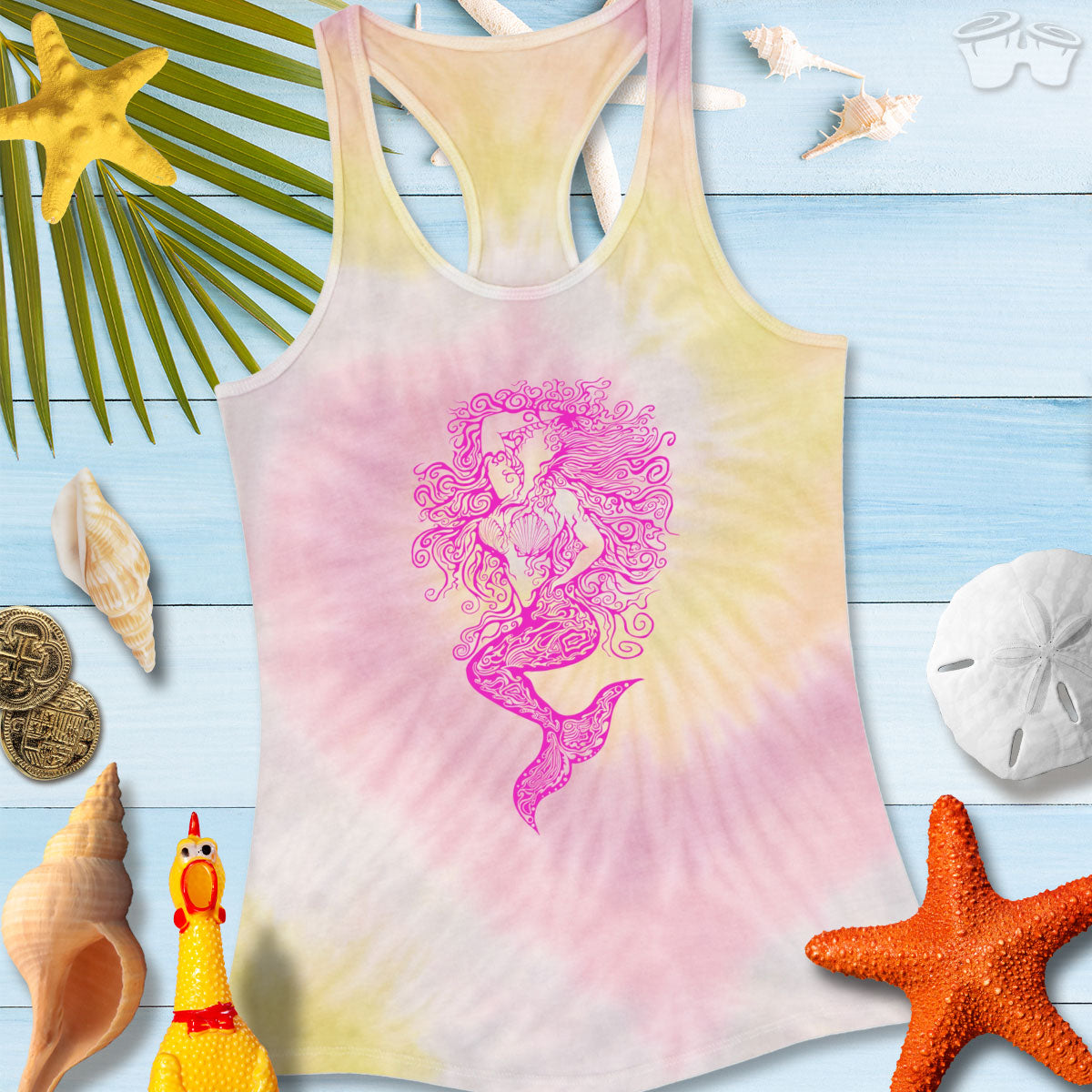 Mermaid Zen Tangle Tie Dye Tank Top on a beach-themed background with seashells and starfish.