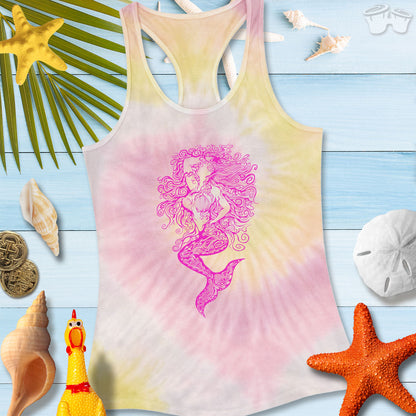 Mermaid Zen Tangle Tie Dye Tank Top on a beach-themed background with seashells and starfish.