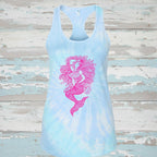 A light blue and white lagoon blue tie-dye racerback tank top featuring a vibrant pink mermaid graphic printed on the front, displayed against a solid white background.