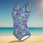 Mermaid scale-patterned swimsuit on a beach background