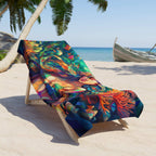Beautiful stained glass style mermaid art on a colorful coral reef laying over a beach chair in an island