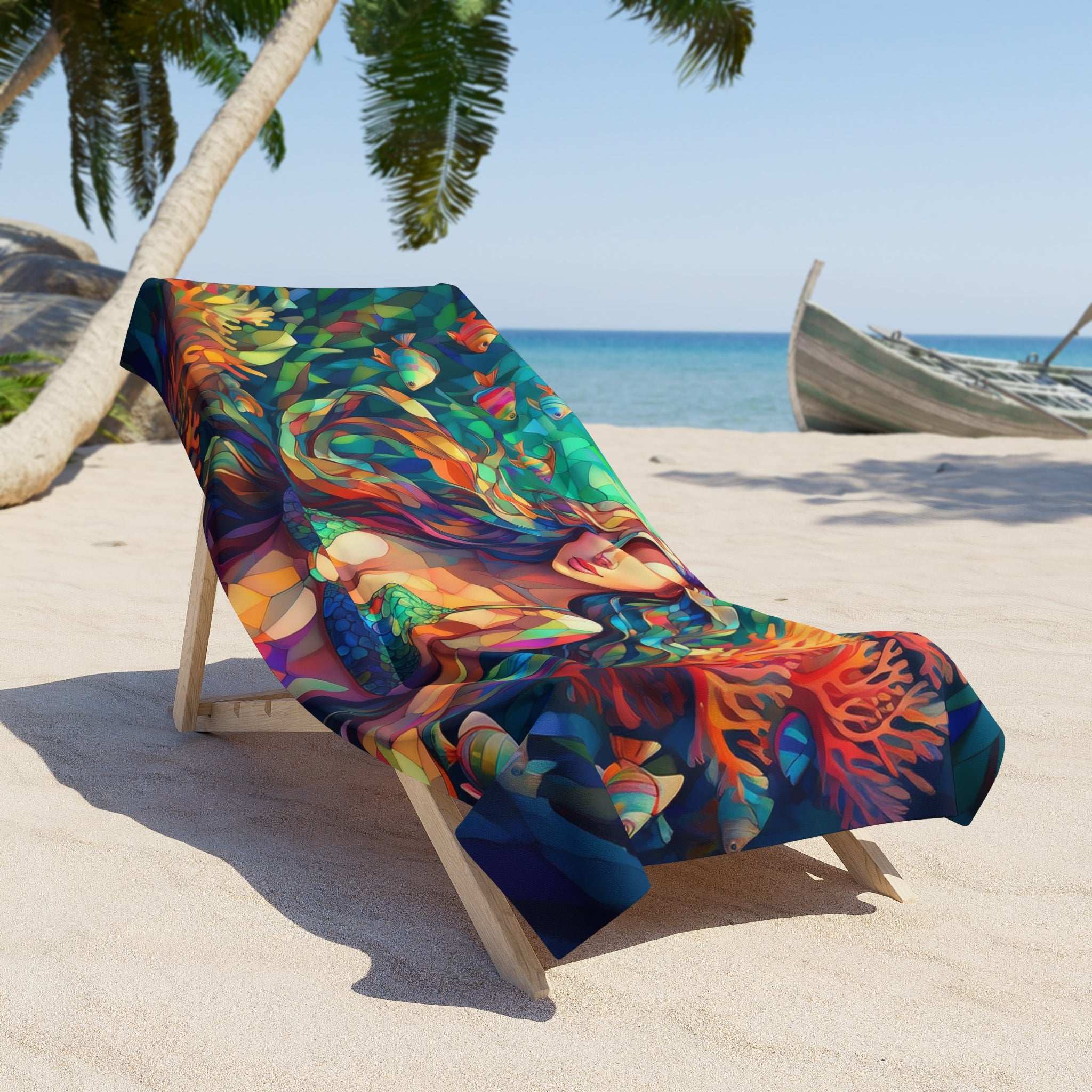 Beautiful stained glass style mermaid art on a colorful coral reef laying over a beach chair in an island
