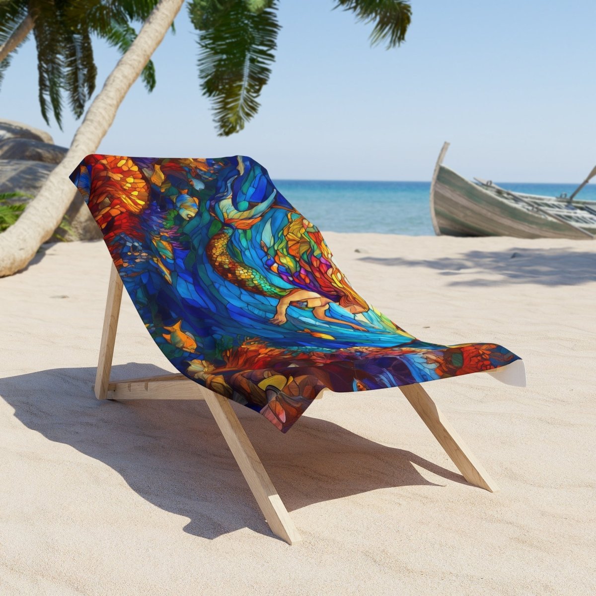 A colorful abstract-patterned beach towel draped over a wooden lounge chair on a sandy tropical beach with palm trees and the ocean in the background.