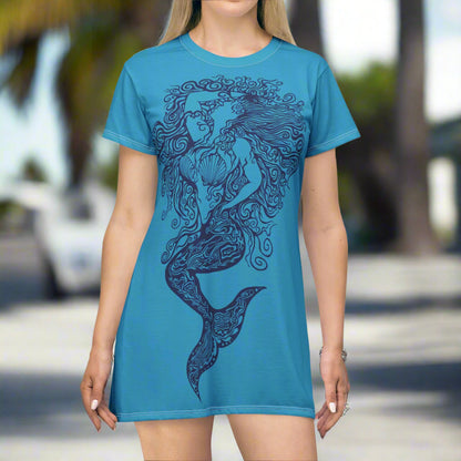 Swimwear model wearing a Bongo Beachwear T-Shirt Dress as a bikini Coverup, somewhere in key West. 
