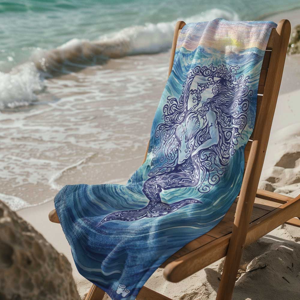 Mermaid Beach Towel draped over a wooden deck chair on the beach next to lapping waves