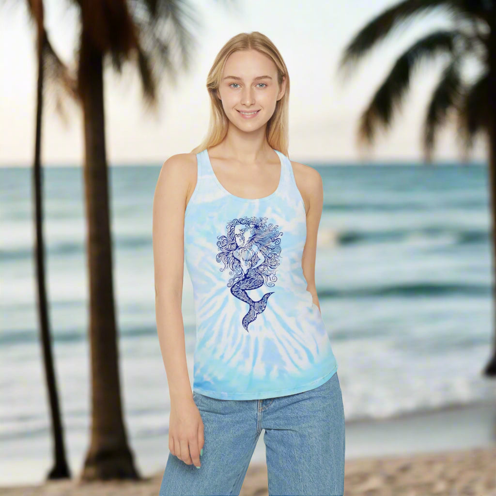 Mermaid Zen Tangle Tie Dye Tank Top on a woman at the beach, perfect for summer and yoga vibes.