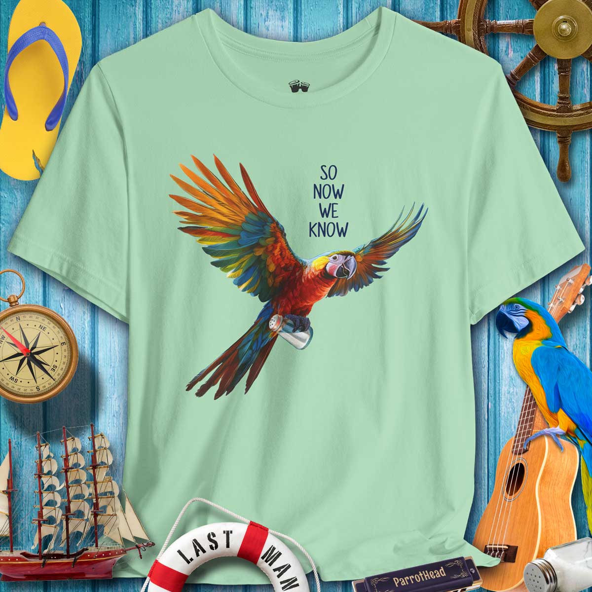 Mint green t-shirt with a colorful parrot graphic and text, set against a nautical-themed background.