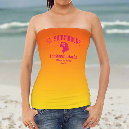 Orange strapless top with text and design, worn by a ParrotHead Woman on a white sandy beach