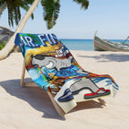Funny Beach Towel - Mr. Fin (a Land Shark) printec on a fun beach towel and draped across a beach lounger