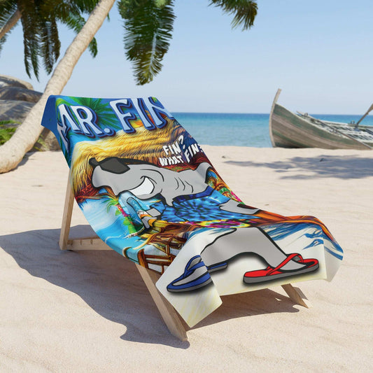 Funny Beach Towel - Mr. Fin (a Land Shark) printec on a fun beach towel and draped across a beach lounger