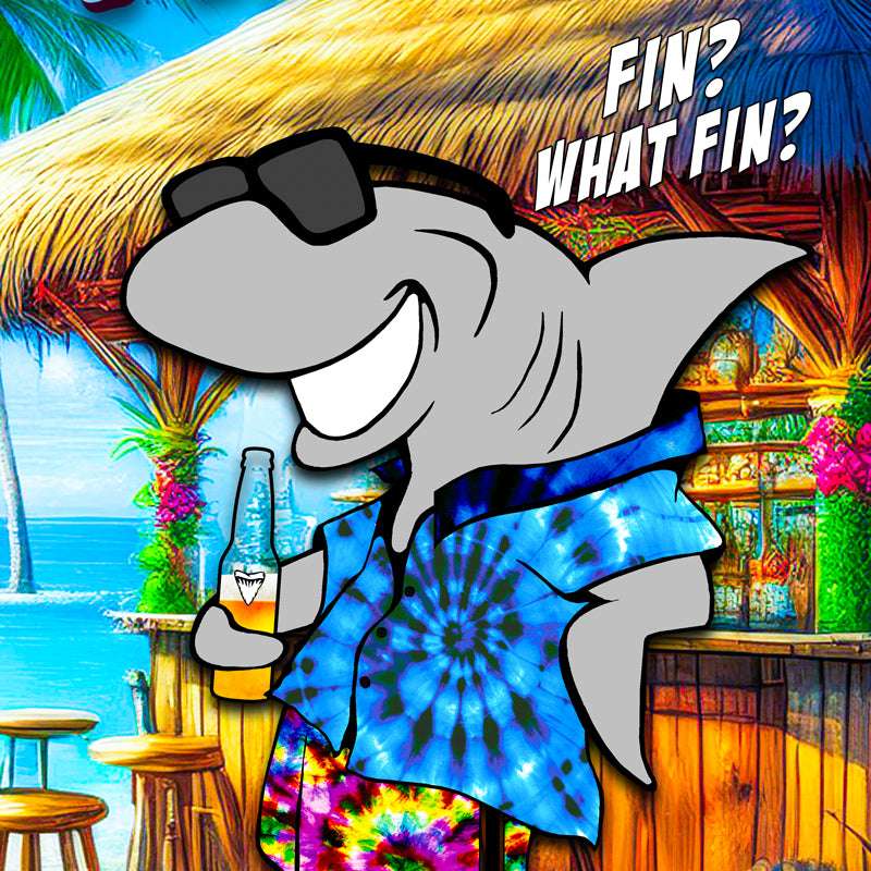 Funny Beach Towel Art - Mr. Fin, a Land Shark wearing Flip-Flops, hanging loose at a Tiki Bar