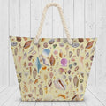 Seashell Beach bag with shell pattern and rope handle on a white rustic wood background