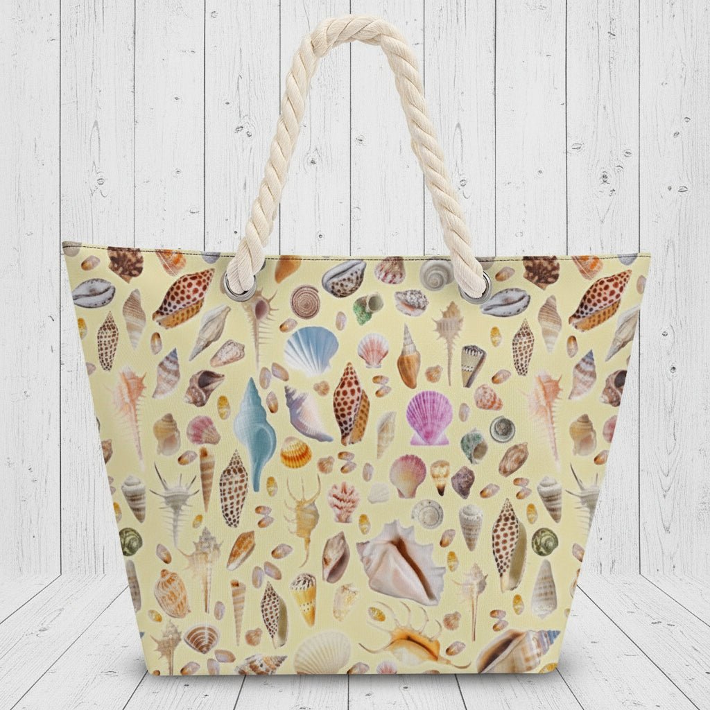 Beach bag with shell pattern and rope handle on a white rustic wood background