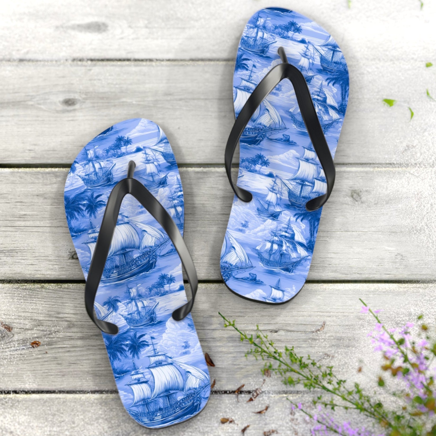 Blue flip-flops with nautical ship pattern on a wooden surface
