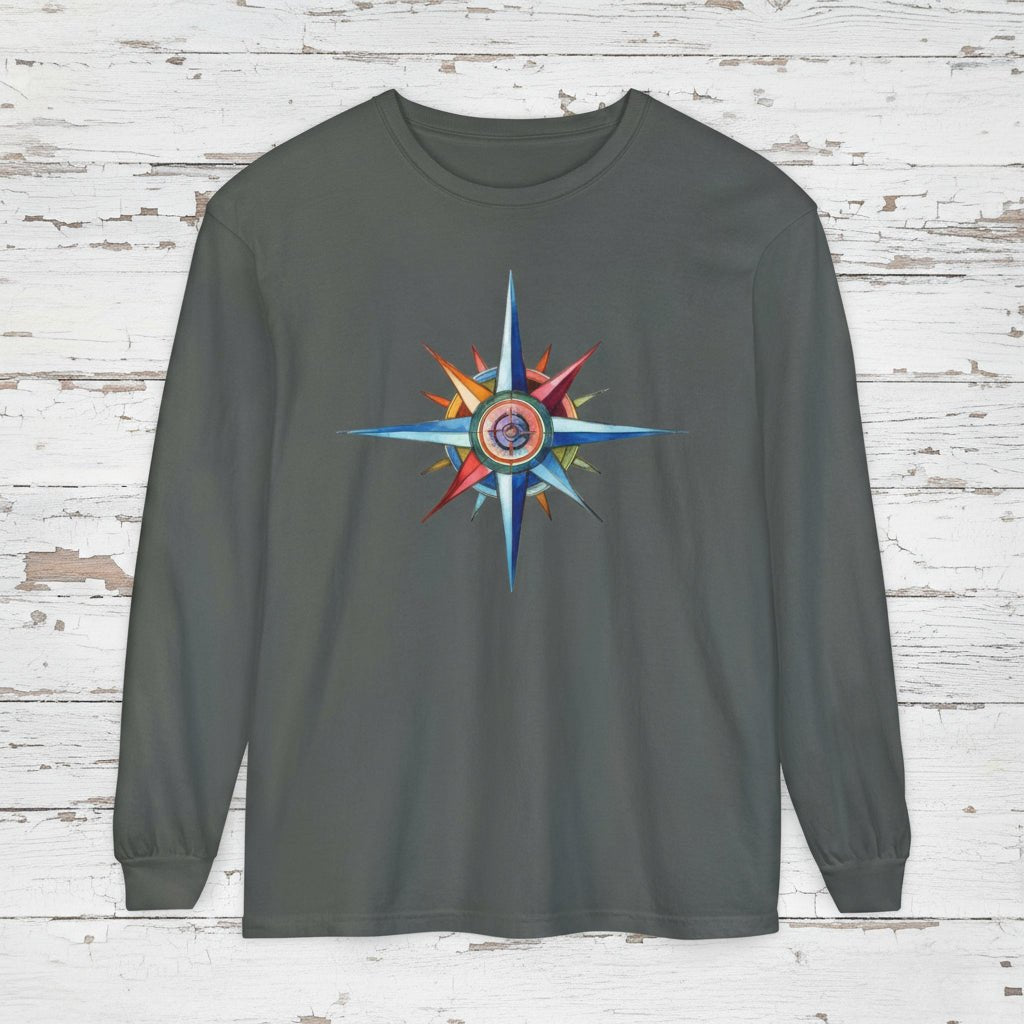 Gray long-sleeve shirt with a colorful star design on a wooden background