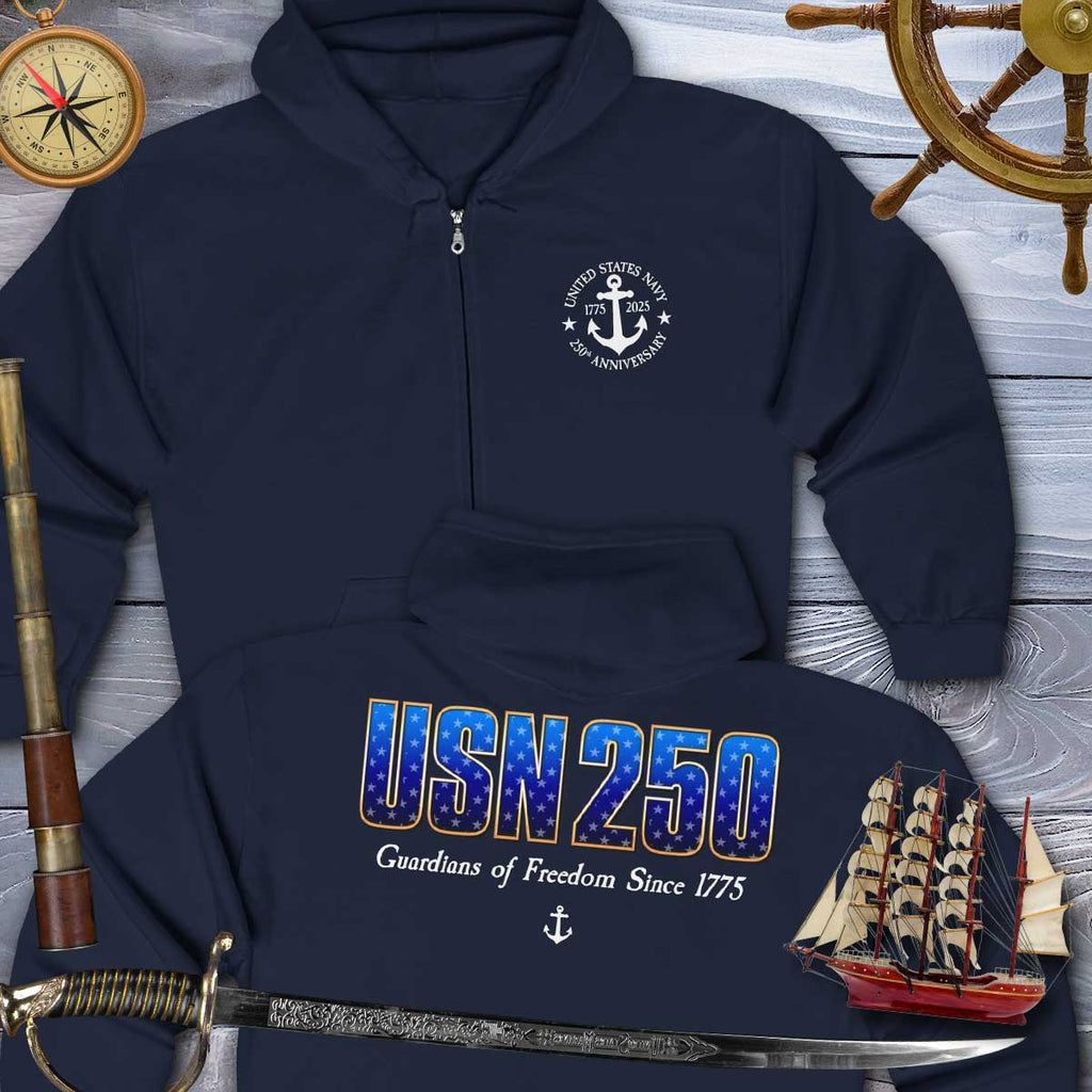 Navy blue Zip Up Hoodie with USN 250 design on a wooden background with nautical items.
