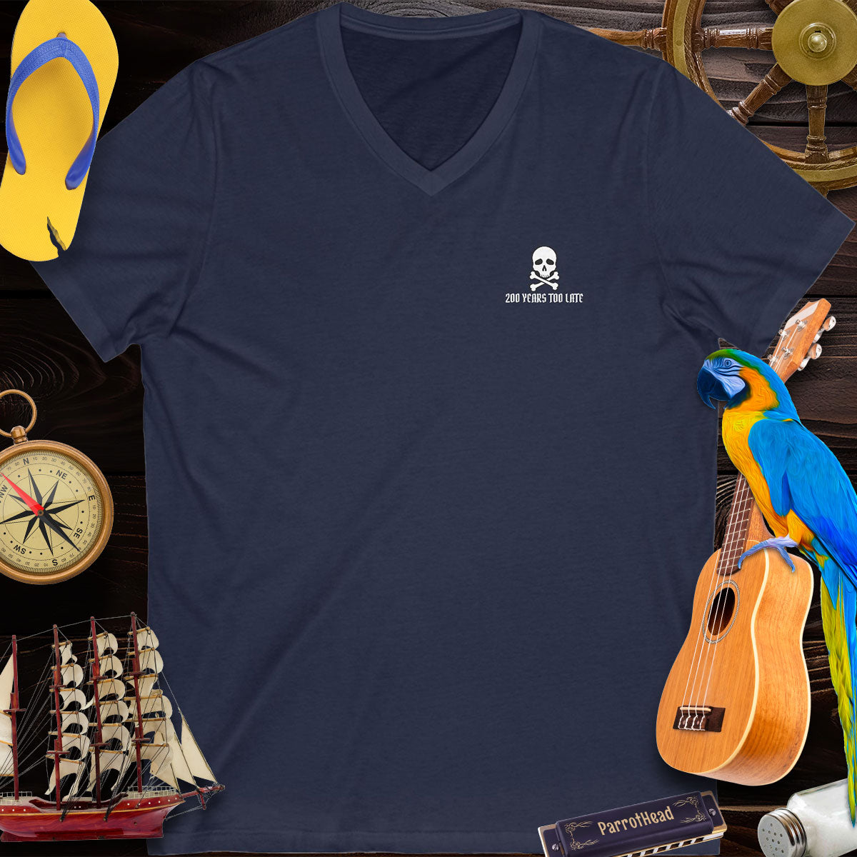 Embroidered V-Neck Tee Pirate Logo 200 Years Too Late T-Shirts
