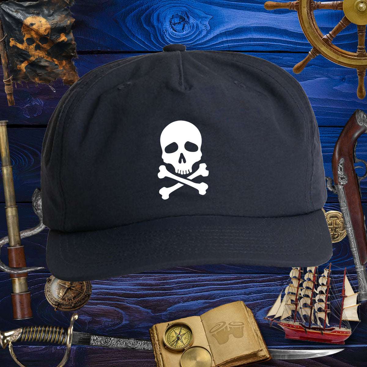 Skull & Bones Surf Cap | Jolly Pirate 🏴‍☠️, edgy black cap with skull and bones design, perfect for surf and skate adventures.