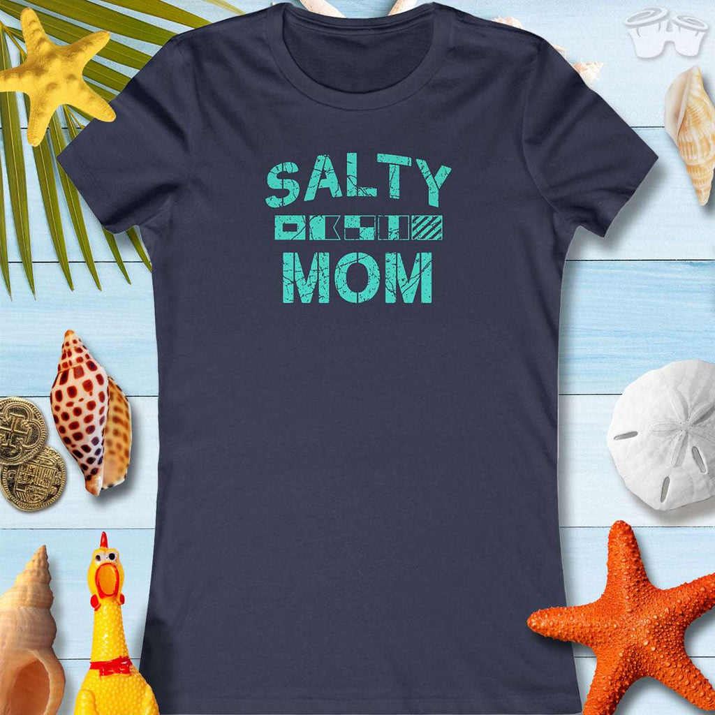 Nautical women's t-shirt featuring salty mom graphic, perfect for beachwear and Mother's Day gifts.