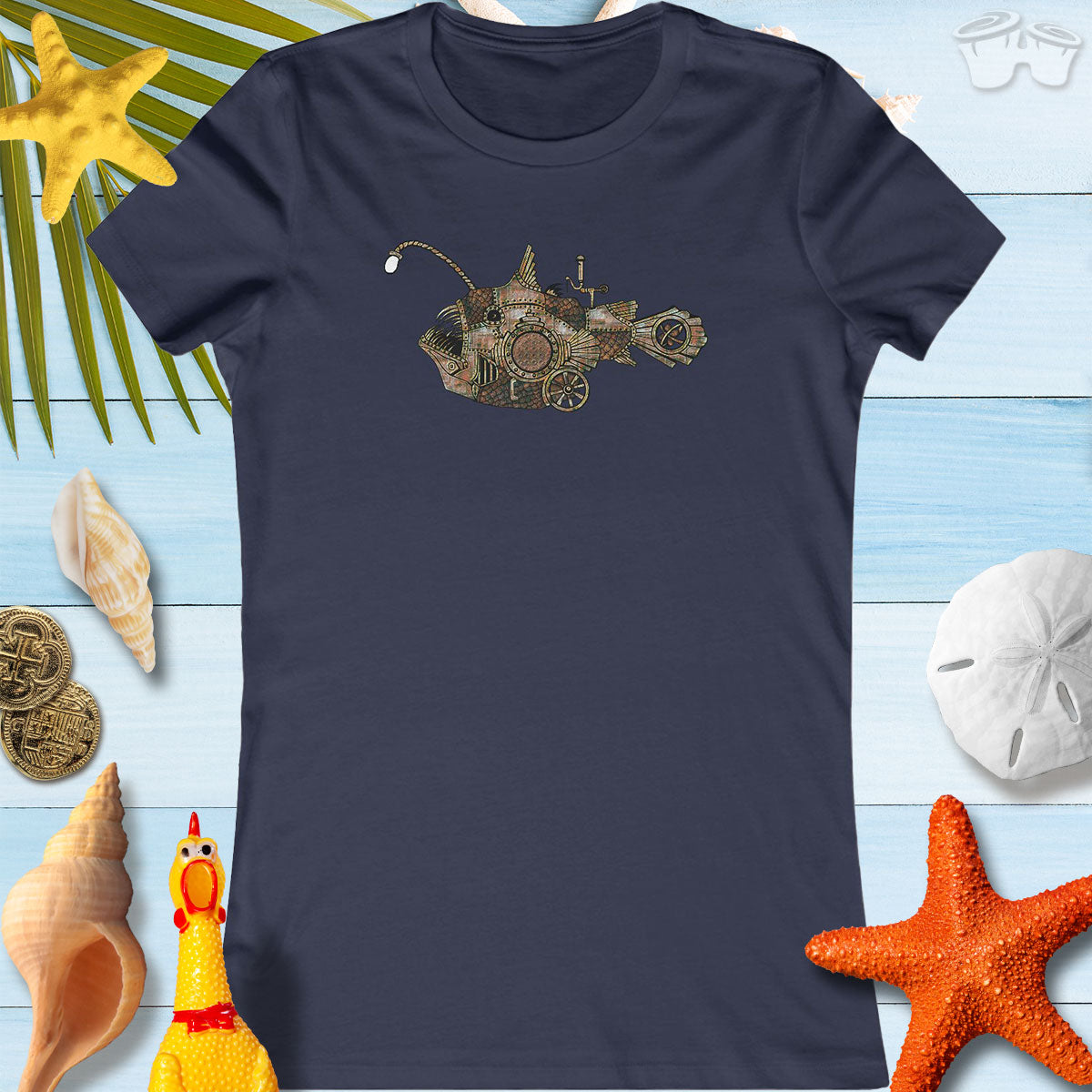Women's Navy Tee with Steampunk Angler Fish over a beachy background