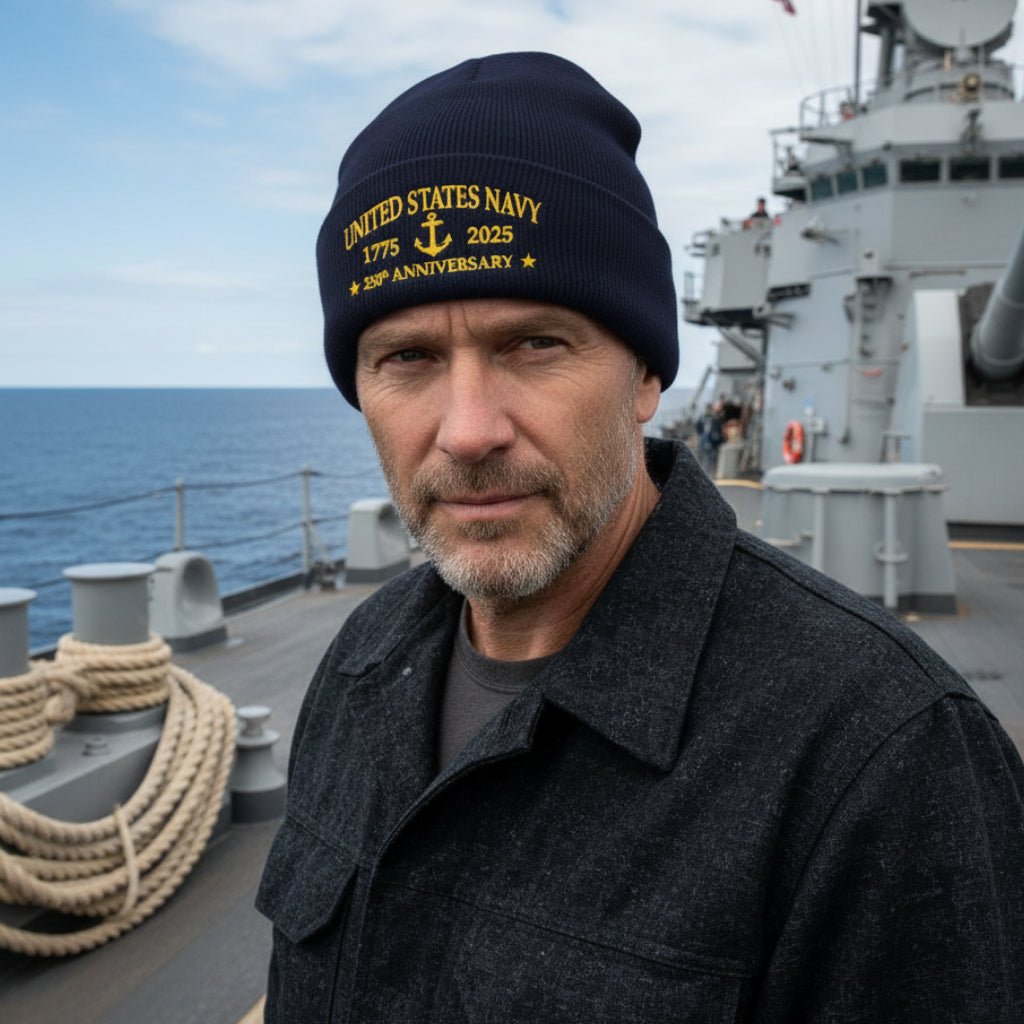 Man wearing Navy knit beanie with Gold embroidered text reading 'UNITED STATES NAVY 1775 2025 250th ANNIVERSARY' and an anchor emblem, standing on board a battleship 