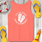 Neon Red-Orange tank top with 'Life's a Beach Dress Accordingly' text and flip-flops on a wooden surface.